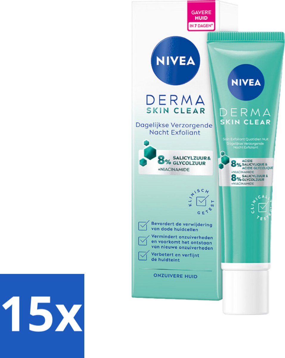 NIVEA - Nacht Exfoliant - DERMA Huidzuiver Dagelijkse Verzorging - Met Salicylzuur (AHA), Glycolzuur & Niacinamide - Tegen Acne & Mee-eters - 40 ml - Bulkverpakking - 15 stuks