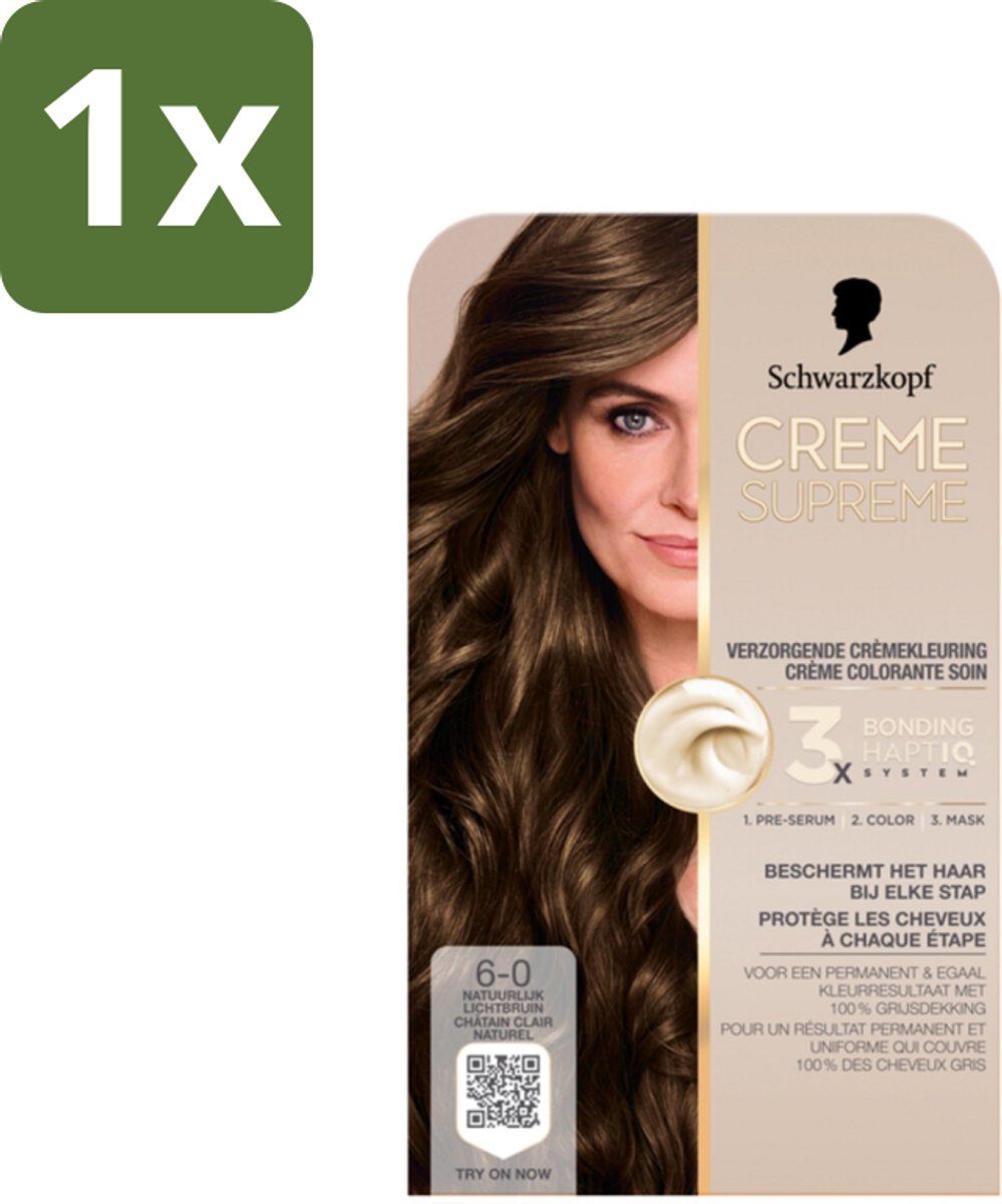 1 x Schwarzkopf - Haarkleuring - Creme Supreme 6-0 - Natuurlijk Lichtbruin - 245g - Haarkleuring - Natuurlijk Lichtbruin - Permanent Kleuren - Haarverzorging - Grijsdekking