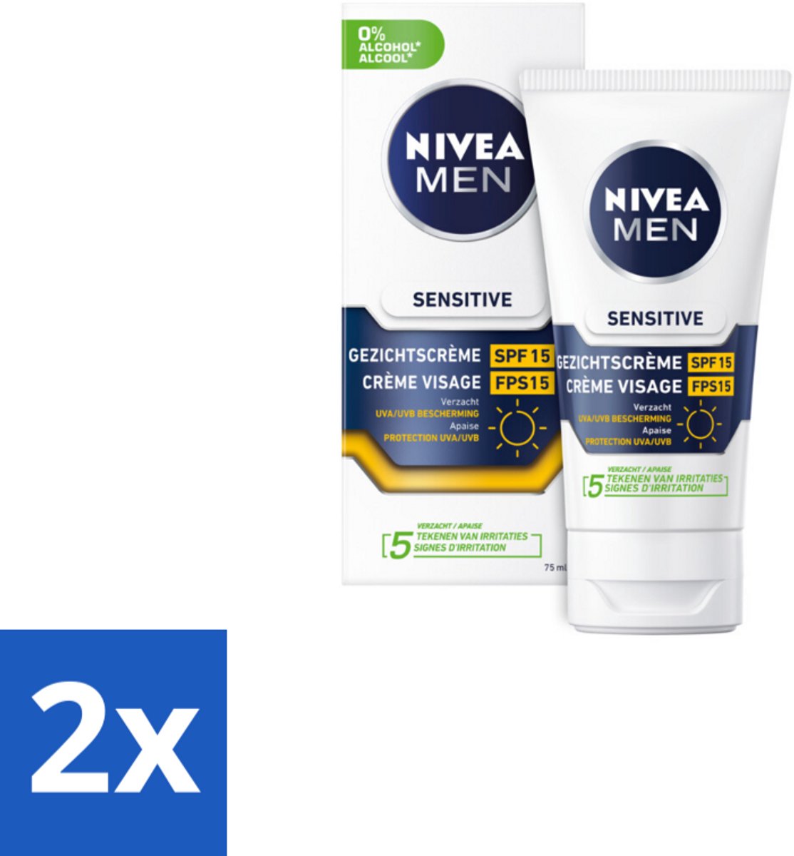 2 x NIVEA MEN - Sensitive - Gezichtscrème met SPF 15 - 75 ml - Gevoelige Huid - Gezichtscreme - SPF 15 - Zonbescherming - Kamille
