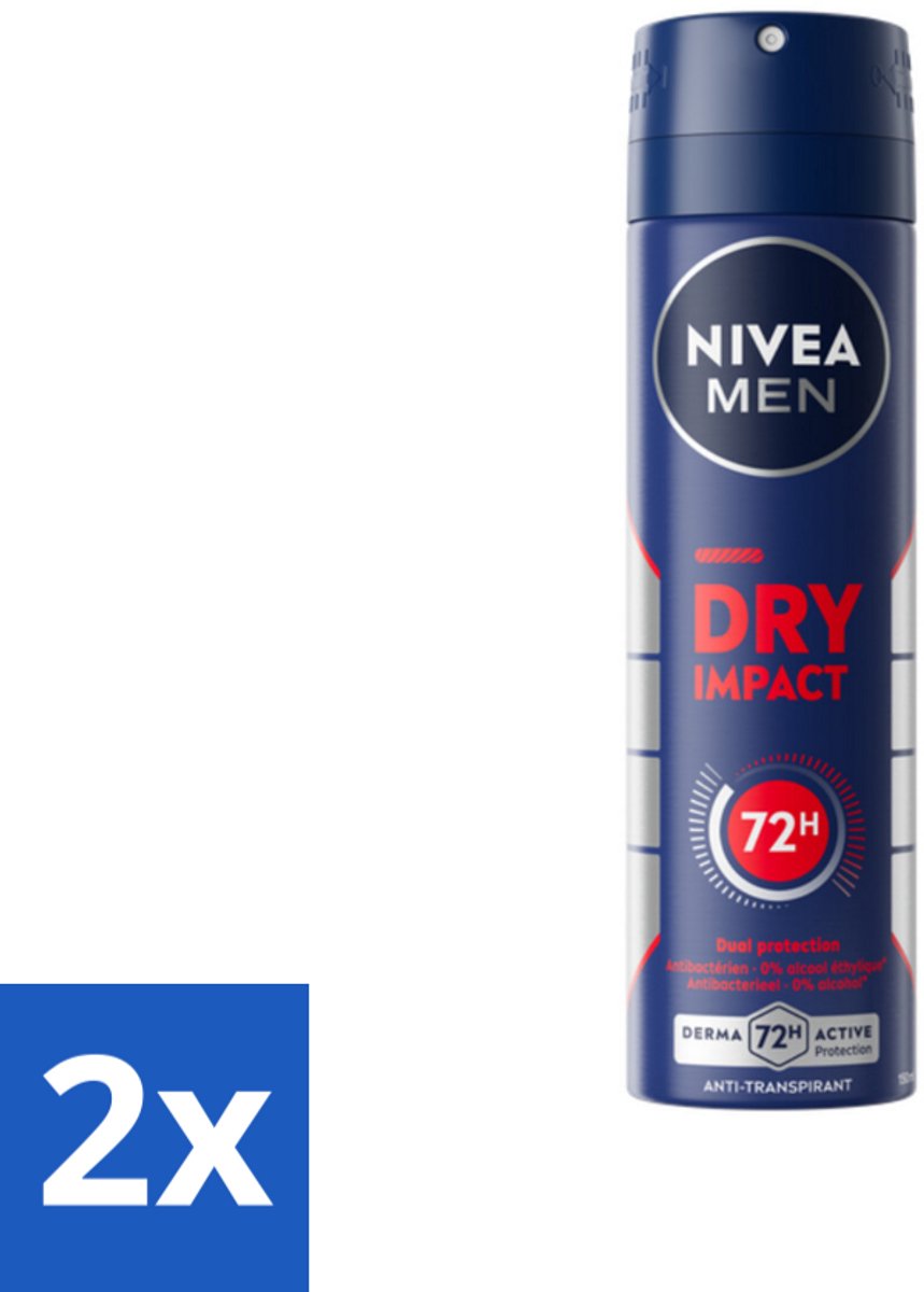 2 x NIVEA MEN - Deodorant Spray - Dry Impact - 150 ml - Droog Huidgevoel - Zweetbeheersing - Anti-transpirant - Frisheid - Huidbescherming