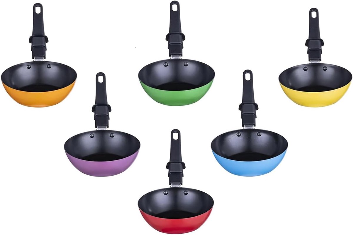 Mini wok set voor 6 personen - Ø 12 cm anti-aanbakpannen - kleurrijke pan set - ideaal voor raclette en tafelgrill — cadeau in Cadeau-ideeën - foto 4