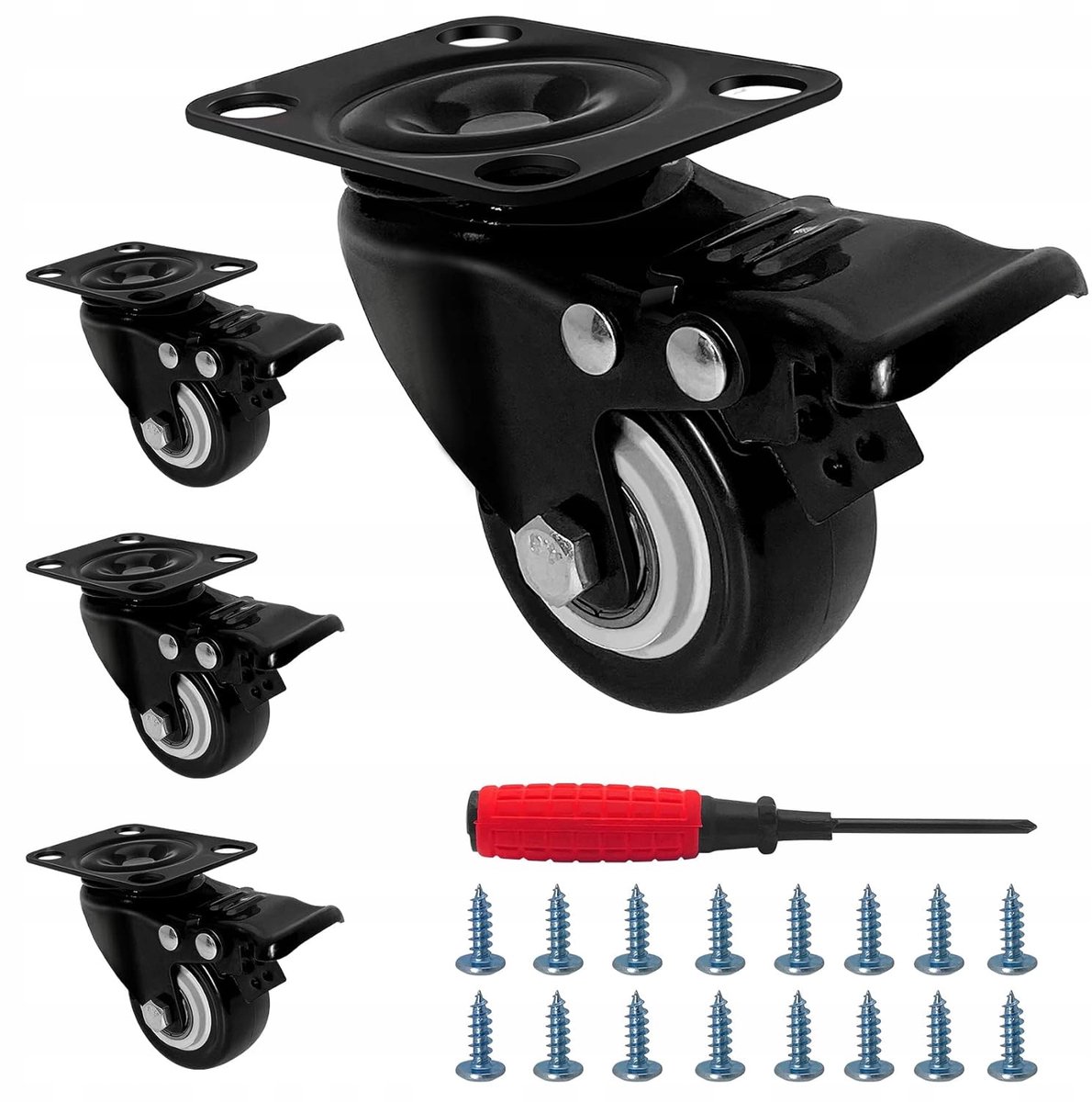 4x Zwenkwielen 50mm met Rem, 300kg Draagvermogen