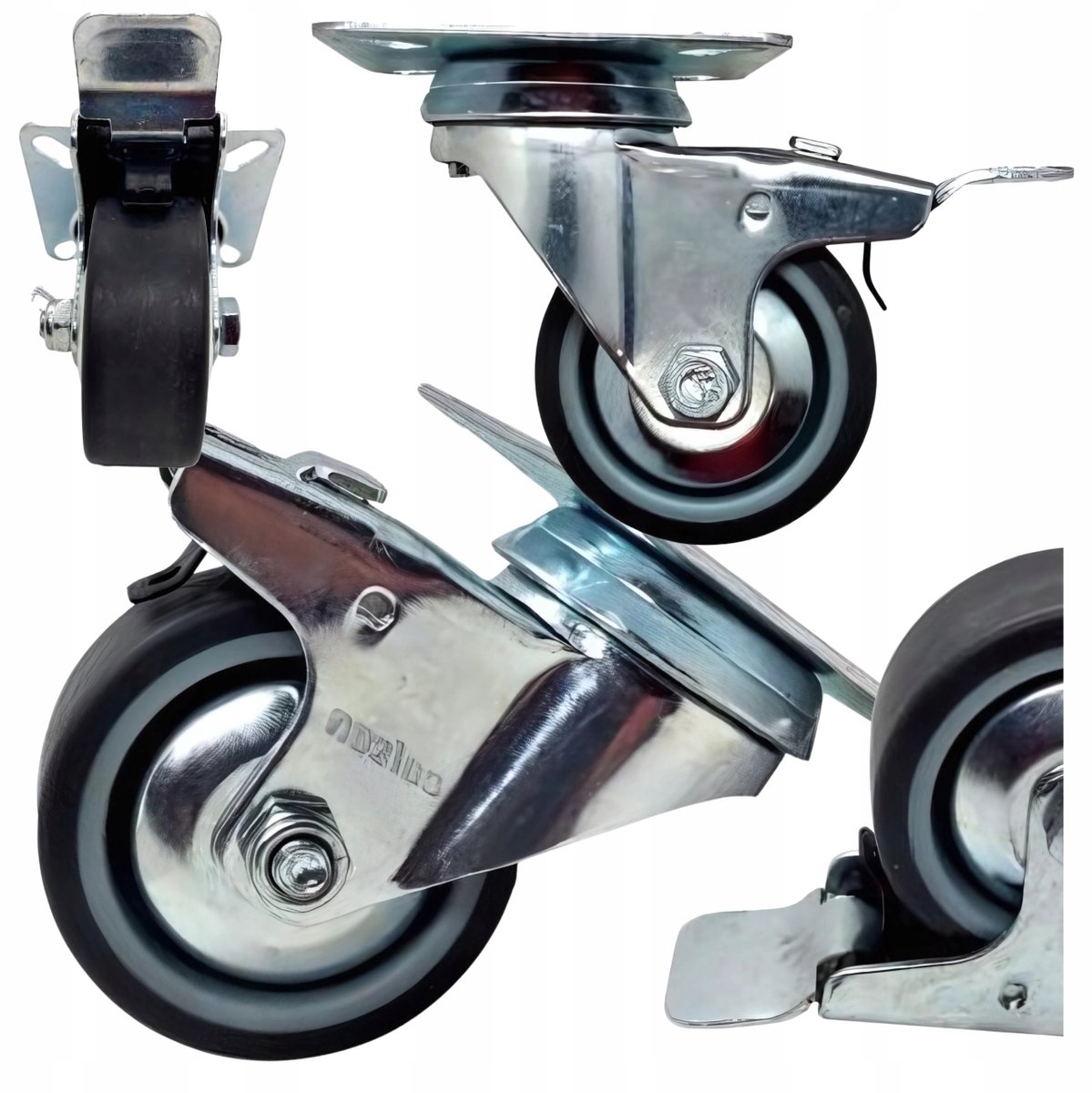 4x Zwenkwielen met Rem 100mm - 270kg Draagvermogen - Thermoplastisch Rubber