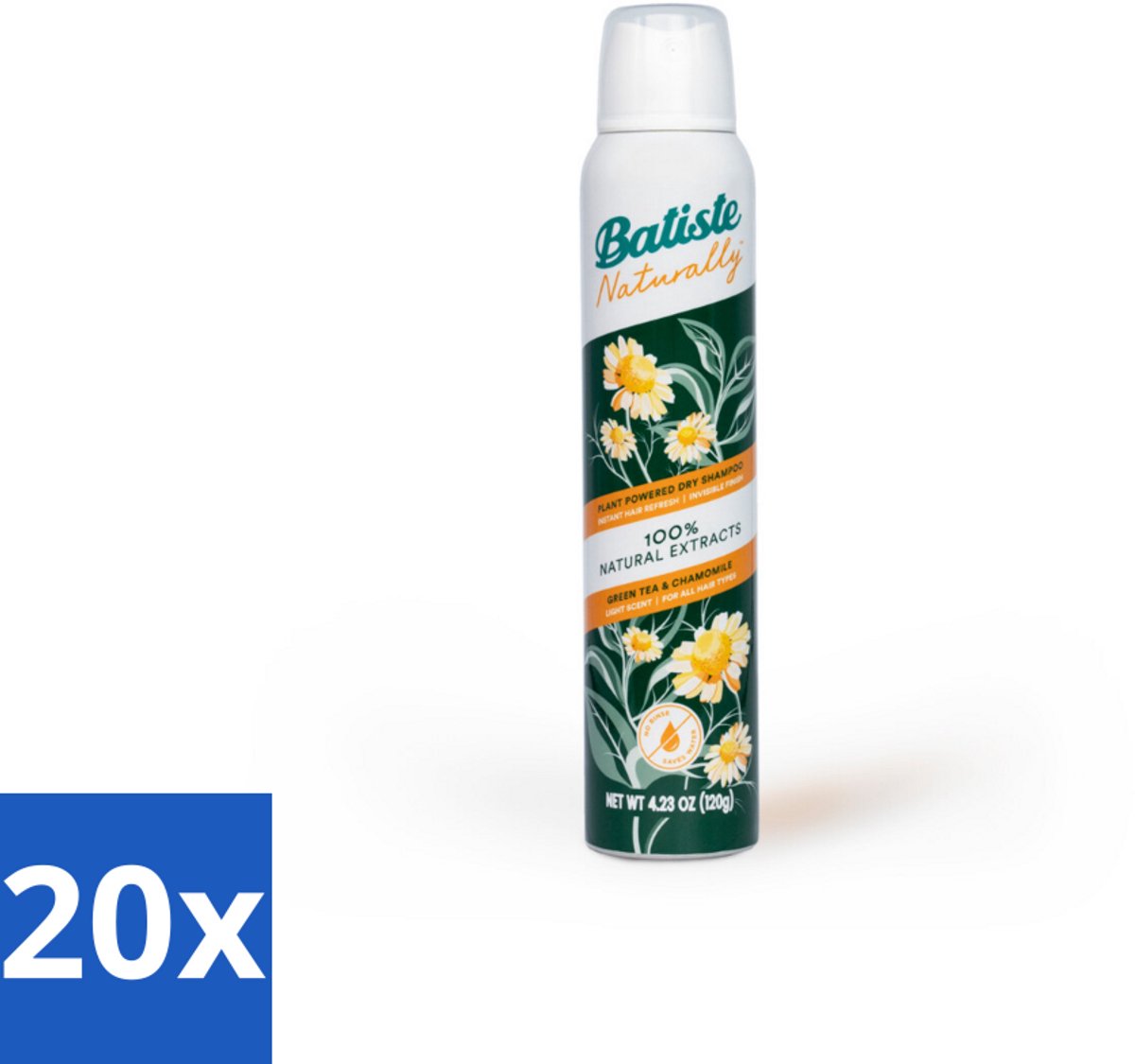 20 x Batiste - Naturally Green Tea & Chamomile - Droogshampoo - 100% Natuurlijke Extracten - Verfrist en Zuivert - 200ml - Natuurlijke Haarverzorging - Droogshampoo - Groene Thee - Kamille - Haartype