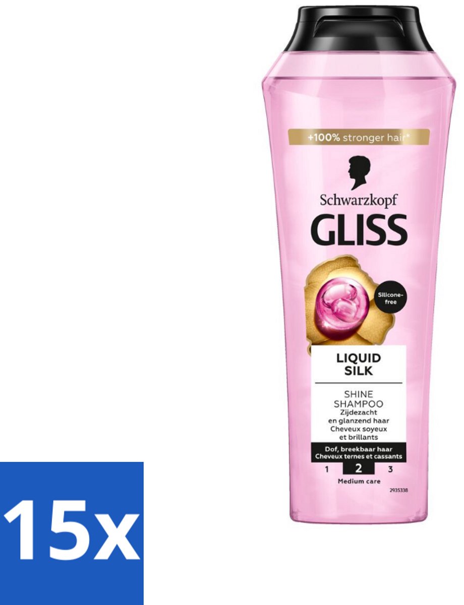 15 x Gliss - Shampoo - Liquid Silk - Voor Glanzend en Zijdezacht Haar - 250 ml - Glanshaar - Zijdezacht Haar - Siliconenvrije Shampoo - Natuurlijke Ingrediënten - Droog Haar