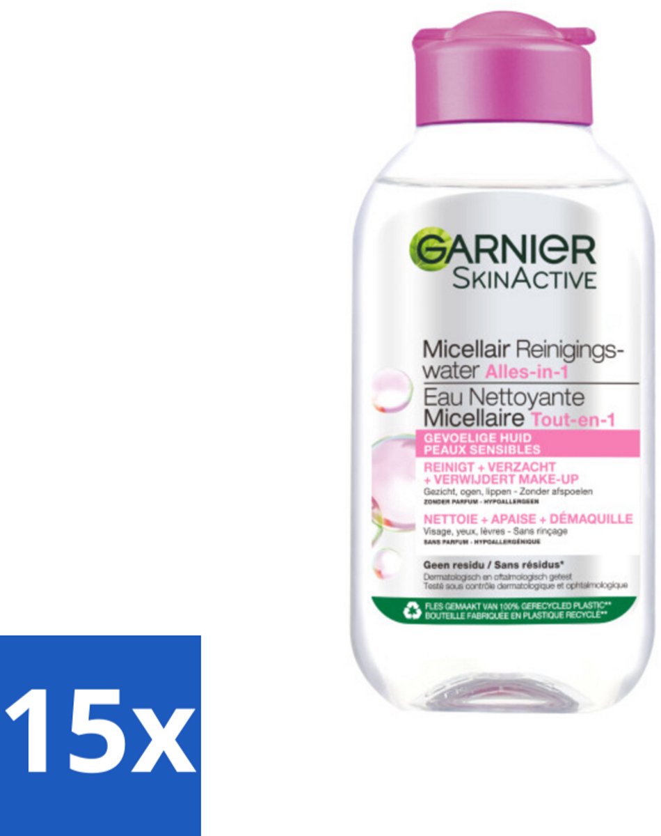 15 x Garnier - SkinActive - Micellair Reinigingswater - Gevoelige Huid - Reisformaat - 100 ml - Micellair Reinigingswater - Gevoelige Huid - Make-up Verwijderen - Gezicht Reinigen - Reisformaat
