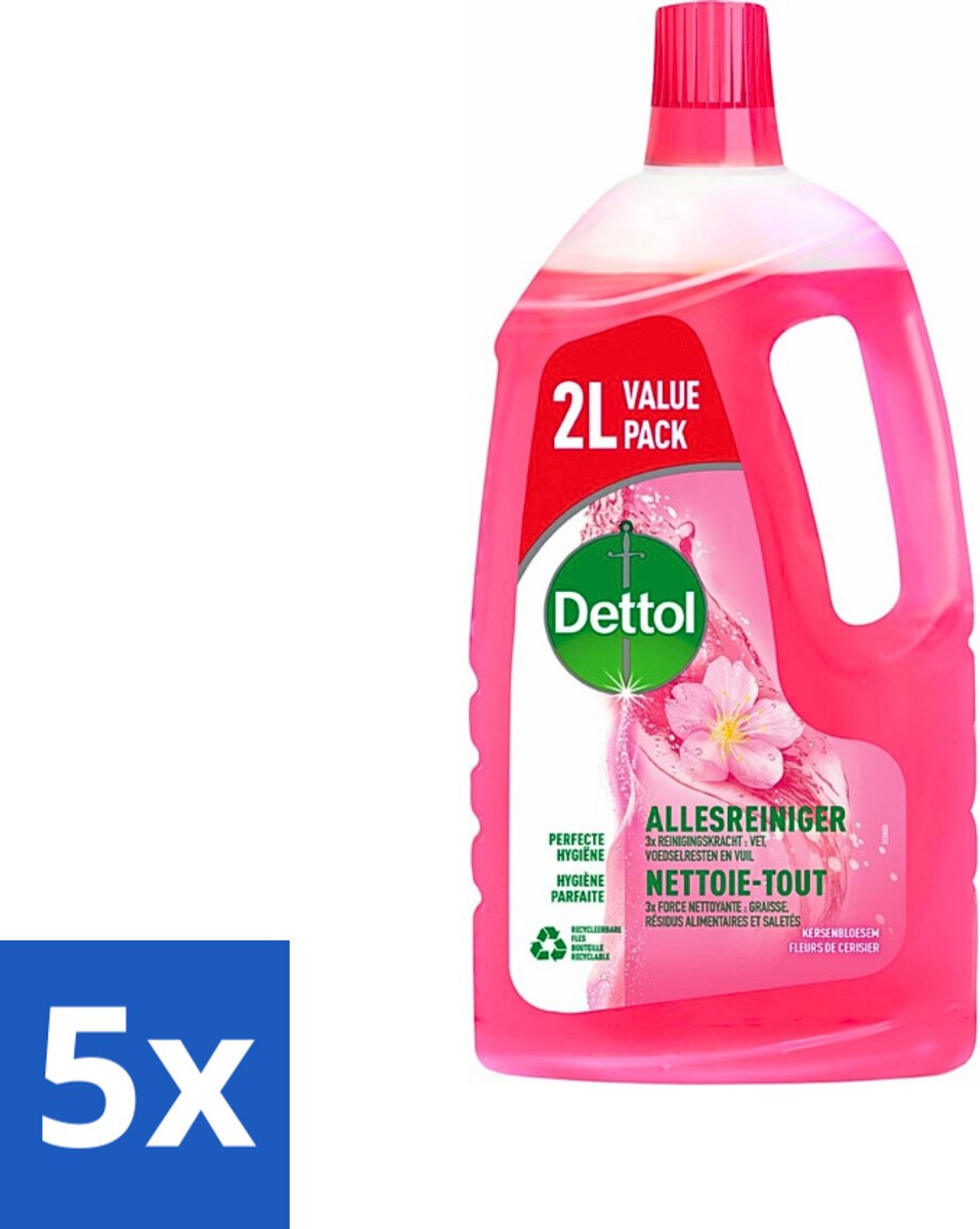 5 x Dettol - Allesreiniger - Kersenbloesem - Dieptereiniging - 2 liter - Allesreiniger - Reinigen - Hygiëne - Kersenbloesem - Dieptereiniging