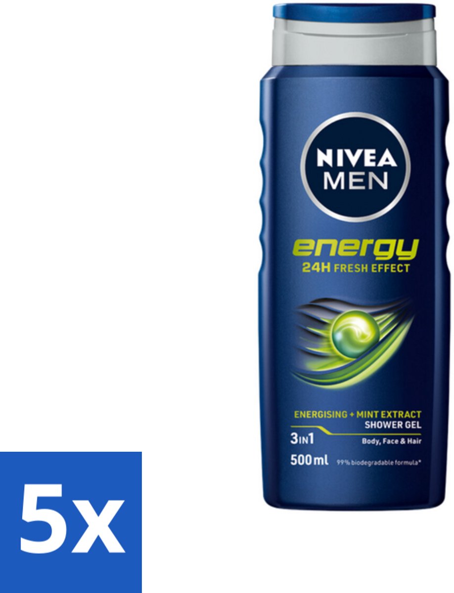5 x NIVEA MEN - Douchegel - Energy - 500 ml - Douchegel Mannen - Energieboost - Mintextract - 3-in-1 Douchegel - Frisheid