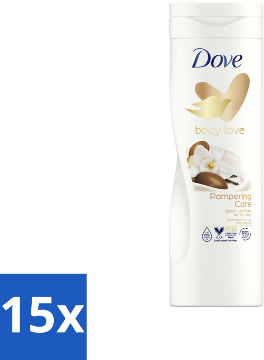 15 x Dove Body Love Bodylotion - Pampering Care - Vanille & Sheabutter - 400 ml - Bodylotion - Droge Huid - Sheabutter - Vanille - Hydraterende Crème