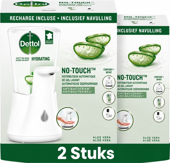 Dettol - No-Touch - Automatische Zeepdispenser - Zilver incl Aloë Vera Navulling - 250 ml - 2 stuks
