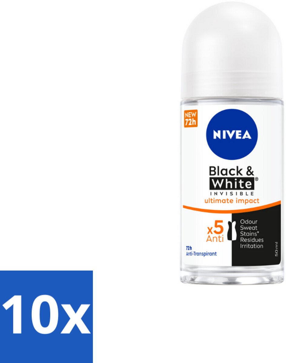 10 x NIVEA - Deodorant Roller - Zwart & Wit Ultieme Impact - 72 Uur Anti-Transpirant - 50 ml - Deodorant Roller - Anti-Transpirant - Anti-Vlek - Witte Strepen - Gele Vlekken