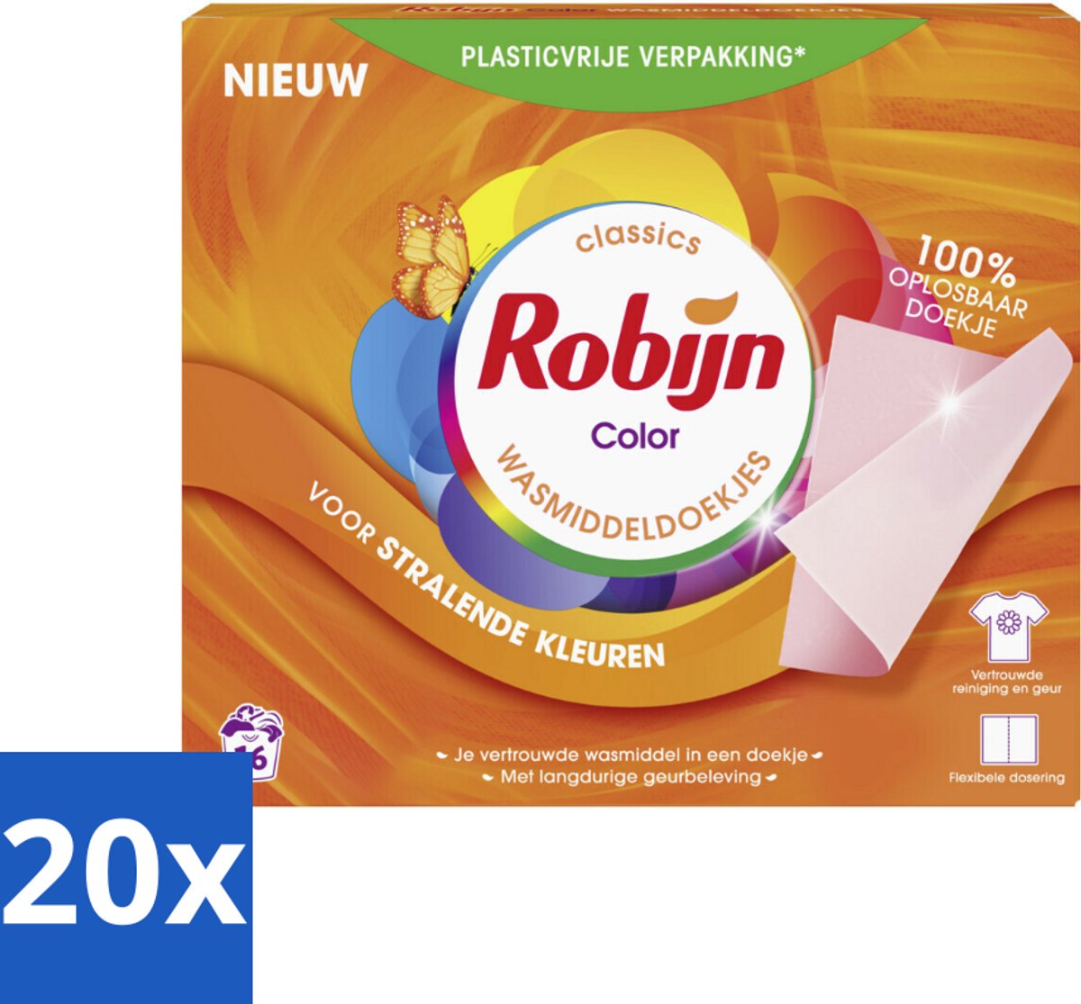 20 x Robijn Classics - Color - Wasmiddeldoekjes - 16 Wasstrips - Kleurbehoud - Wasmiddel - Wasstrips - Wasdoekjes - Wasmiddeldoekjes