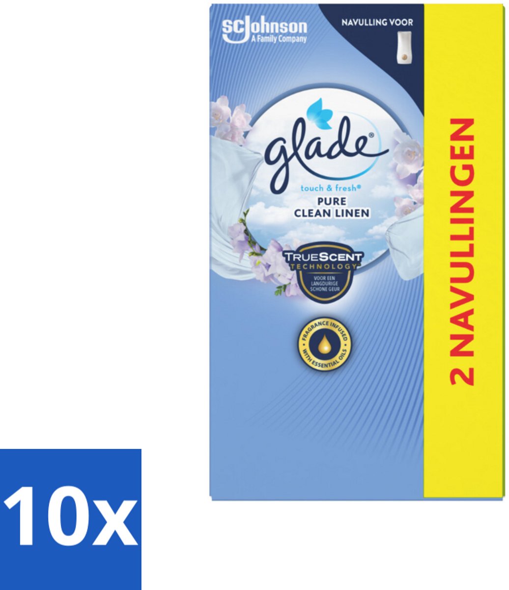 10 x Glade - Touch & Fresh Navulling - Pure Clean Linen - 2 × 10 ml - Glade Touch & Fresh - Navulling - Geurverspreiding - Frisheid - Bloemige Geur