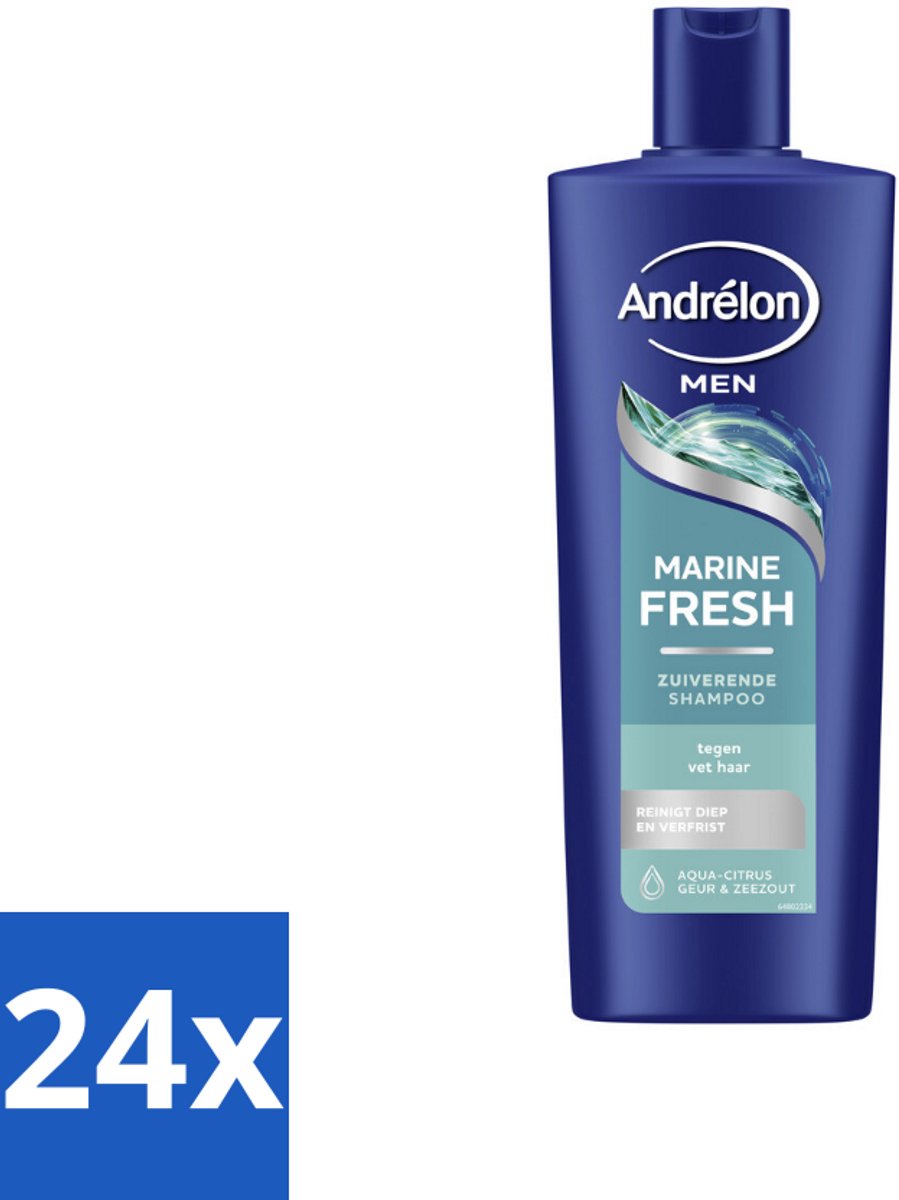 24 x Andrélon – Shampoo – Marine Fresh Men – 400 ml - Mannelijk Haar Reinigen - Vet Haar Verwijderen - Stylingresten Verwijderen - Krachtige Shampoo - Zeezout Shampoo