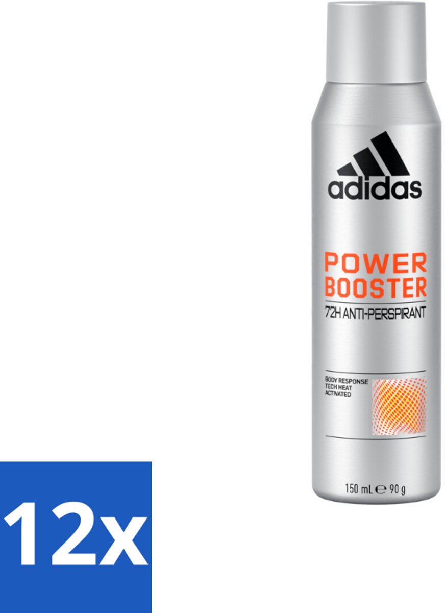 12 x Adidas – Deodorant Spray – Power Booster – 150 ml - Anti-transpiratie - Droge Huid - Frisheid - Geur - Sport