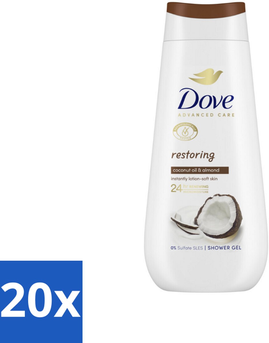20 x Dove Douchecrème - Restoring - Kokos & Amandel - 225 ml - Douchegel - Huidherstel - Kokosolie - Amandelextract - 24-uurs Hydratatie