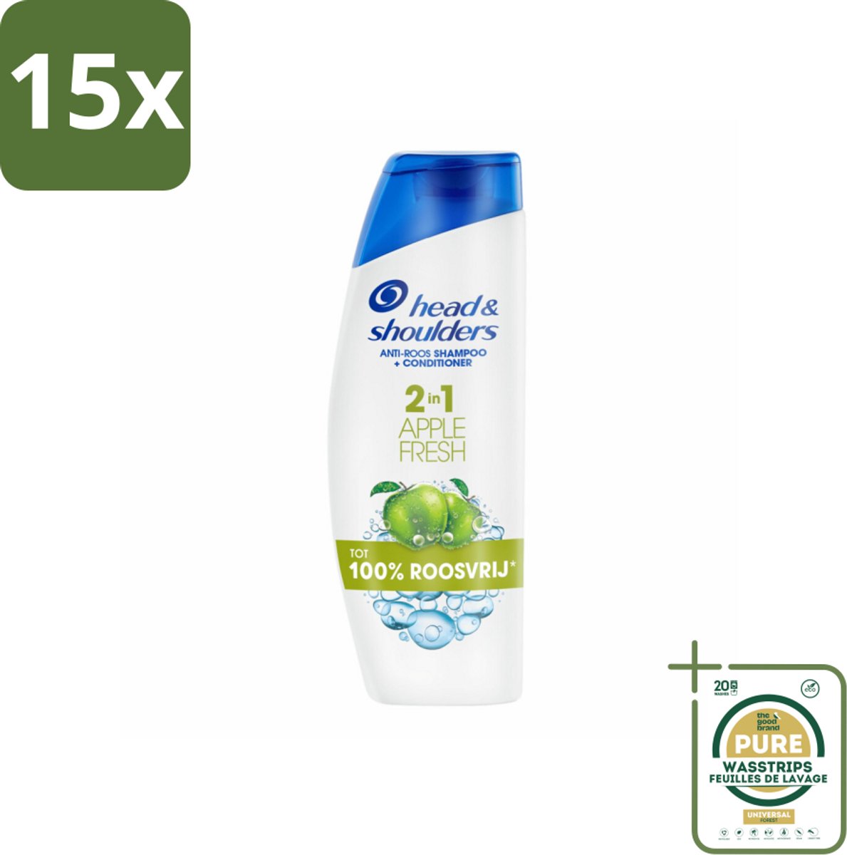 15 x Head & Shoulders - Shampoo - 2-in-1 - Apple Fresh - 100% Roosvrij - 300 ml - Grootverpakking - Anti-roos Shampoo - Hoofdoorzaak Roos - Microbioom Balans - Roosvrij Shampoo - Apple Fresh