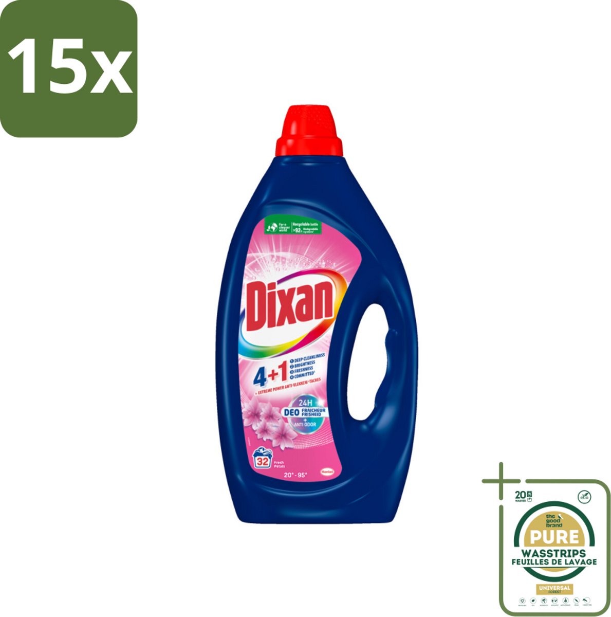 15 x Dixan - Vloeibaar wasmiddel - Fresh Pink - 32 wasbeurten - Grootverpakking - Vloeibaar Wasmiddel - Wasmiddel - Wasmiddel Fresh Pink - Wasmiddel Voor Witte En Gekleurde Was - Anti-geur Technologie