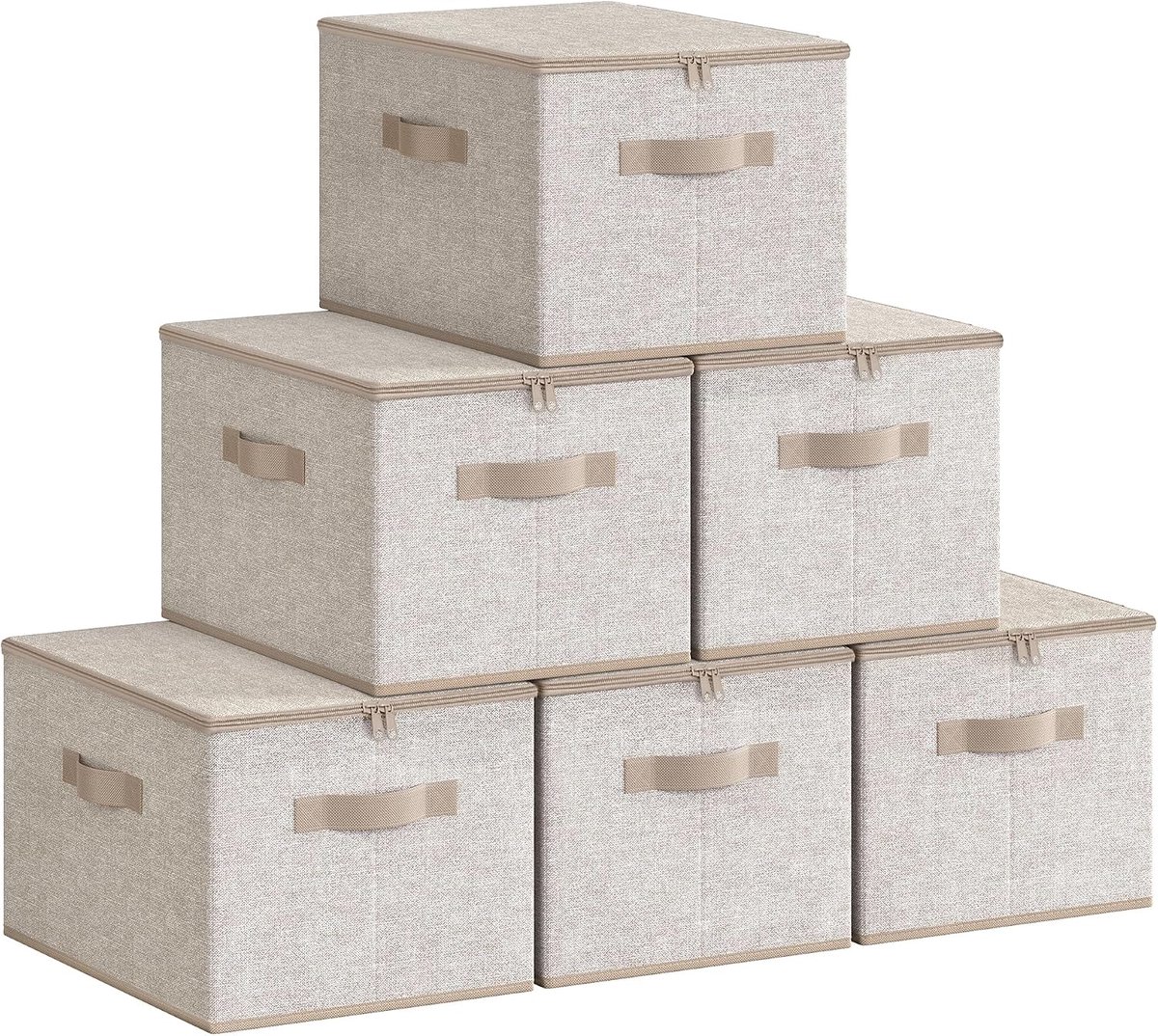 Opbergdoos met deksel - 6 stuks - Opvouwbare stoffen doos - 40 x 30 x 25 cm - Linnenstructuur - Zandbeige