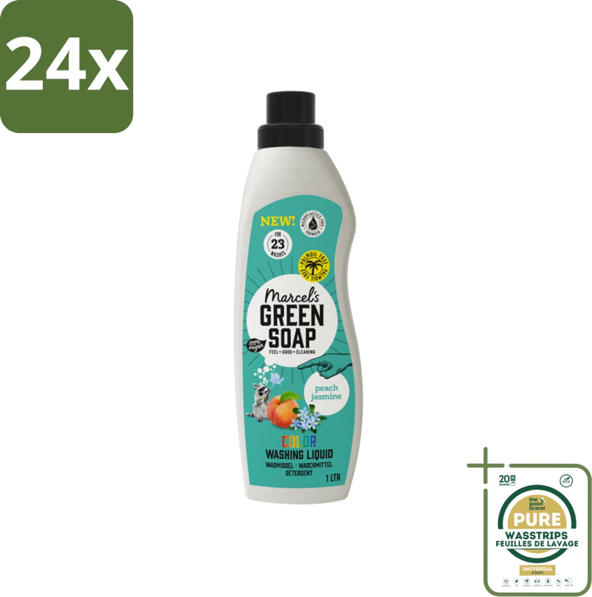 Marcel's Green Soap - Vloeibaar Wasmiddel - Kleur - Perzik & Jasmijn - Effectief & natuurlijk - 23 Wasbeurten - 1 liter - Voordeelverpakking - 24 stuks - Milieuvriendelijk - Vegan