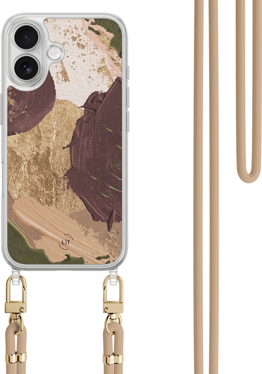 Hoesje met koord - Geschikt voor iPhone 17 - Abstract art - Verstelbaar zwart koord - Bruin, Beige - Print / Illustratie - Leuke Telefoonhoesjes