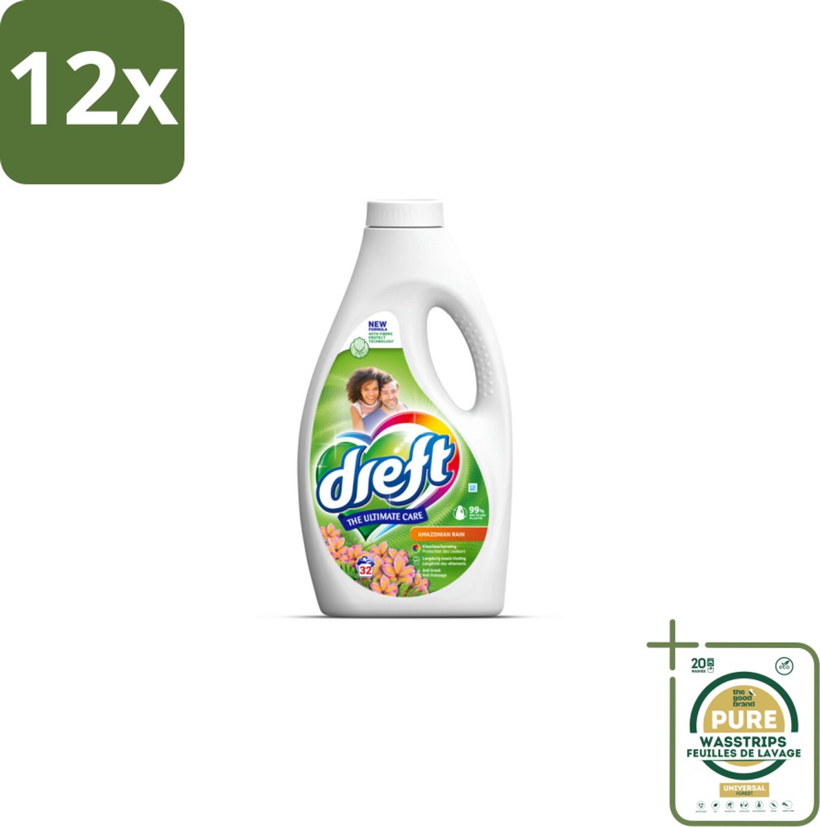 Dreft - Vloeibaar Wasmiddel - Amazone Regen - Tropische frisheid - 32 Wasbeurten - Voordeelverpakking - 12 stuks - Wasverzachter - Amazone geur