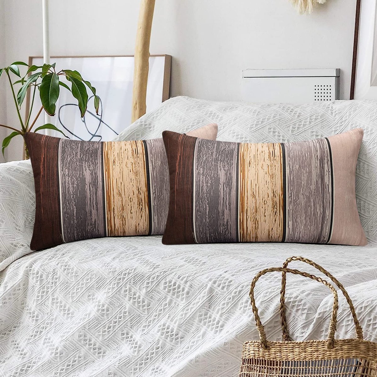 Kussenhoezen 30 x 50 cm - Bruin-grijs linnen - Retro design met houten strepen - Perfect voor woonkamer of autobed - ShopVlot