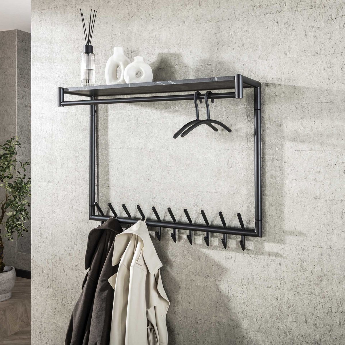 Giga Meubel Kapstok Roede - Zwart Metaal - 20 Haken - 100x27x80cm