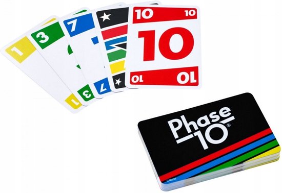 De kaarten van Phase 10 met nummers 1, 3, 7 en 10, en de gesloten stapel met het logo van Phase 10.
