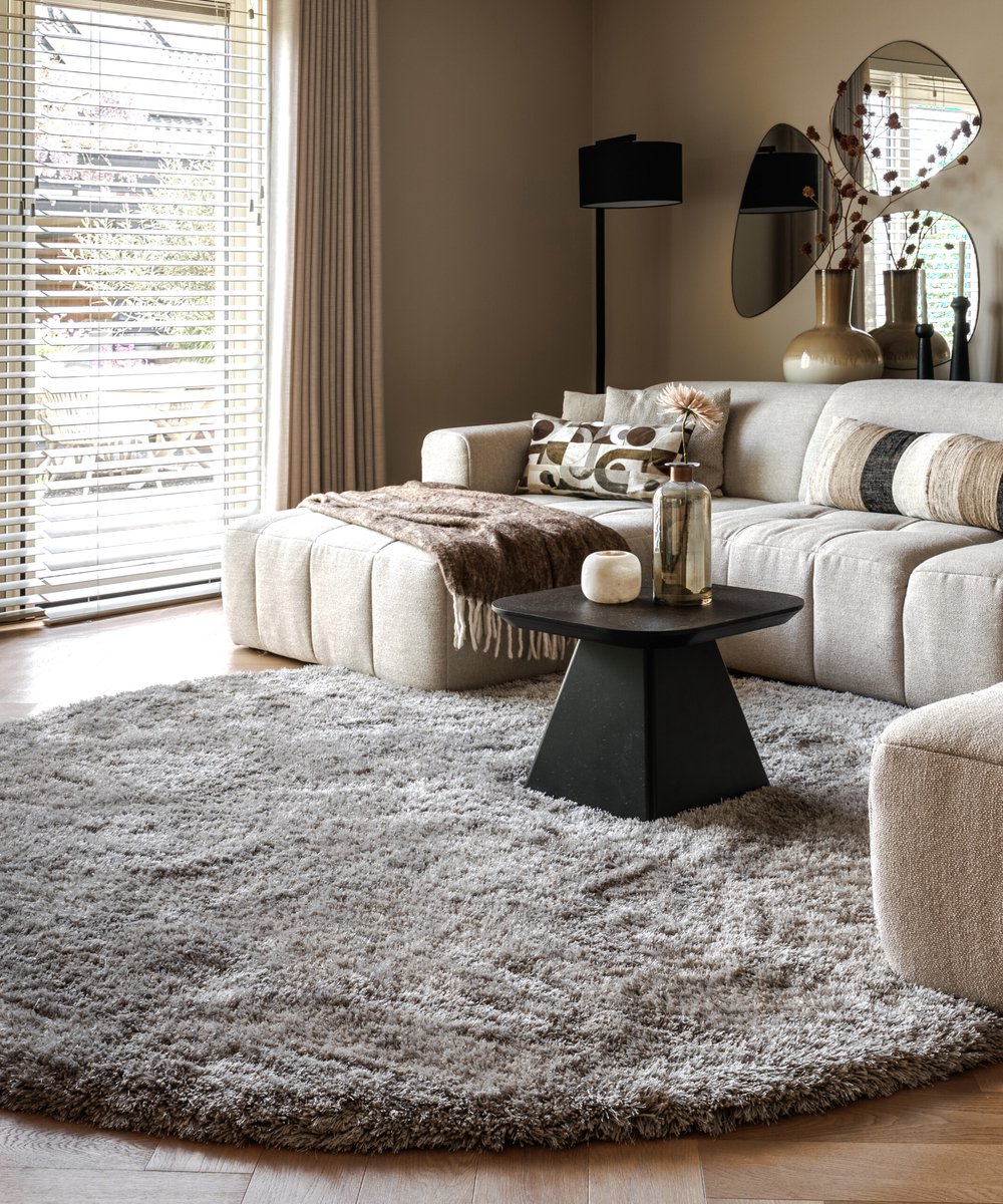 Tapeso Shaggy vloerkleed rond - Meadow grijs 300