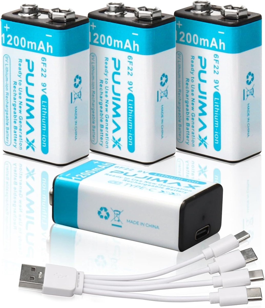 9V oplaadbare batterijen 1200 mAh - 4-pack met 4 in 1 oplaadkabel - milieuvriendelijk - ideaal voor rookmelders - ShopVlot