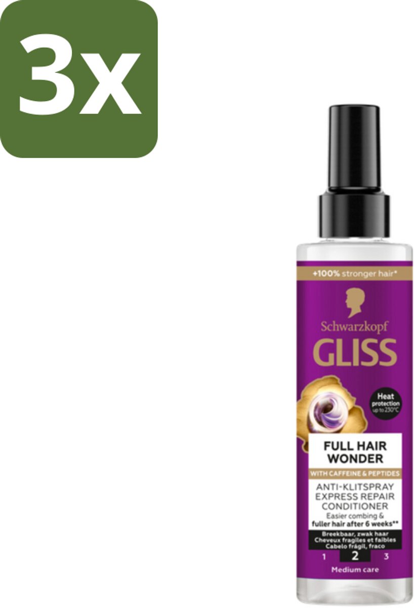 Gliss - Anti-Klit Spray Full Hair Wonder - Voor Voller en Sterker Haar - 200 ml - Bulkverpakking - 3 stuks