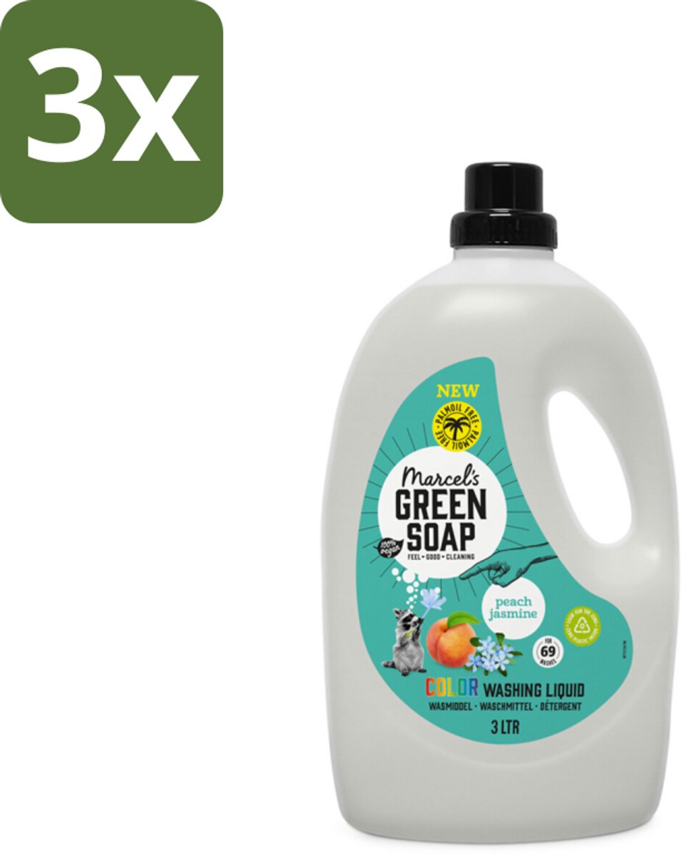 Marcel's Green Soap - Vloeibaar Wasmiddel - Kleurwas - Perzik & Jasmijn - Natuurlijk & effectief - 69 wasbeurten - 3 liter - Bulkverpakking - 3 stuks