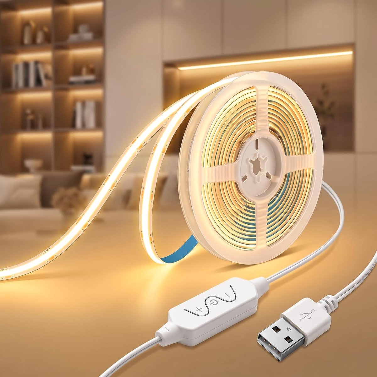 USB COB ledstrip, 3 m, 2700 K, warmwit, dimbaar, 320 leds/m, voor tv-achtergrondverlichting, onderkast, zelfklevende - ShopVlot