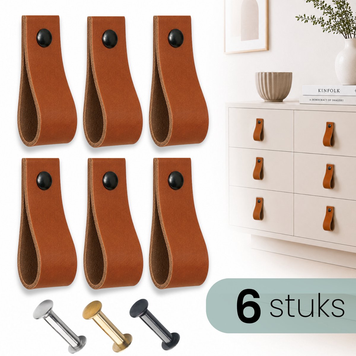 HOYA living - Leren lusjes - Cognac - 6 stuks - 3 kleuren schroeven - 100% leer