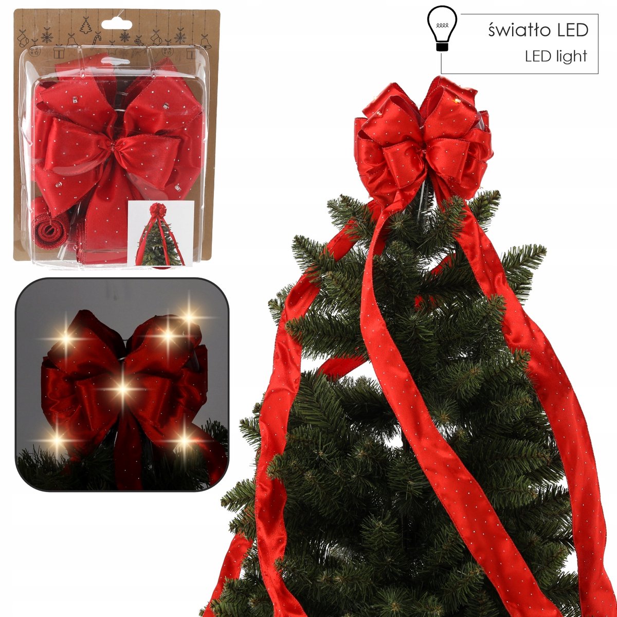 Rode Satin Kerstboom piek met LED verlichting, 1.8m
