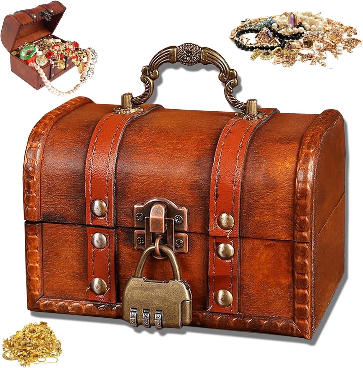Vintage Houten Schatkist - Bruin - Mini - Met Combinatieslot - Voor Sieraden en Decoratie