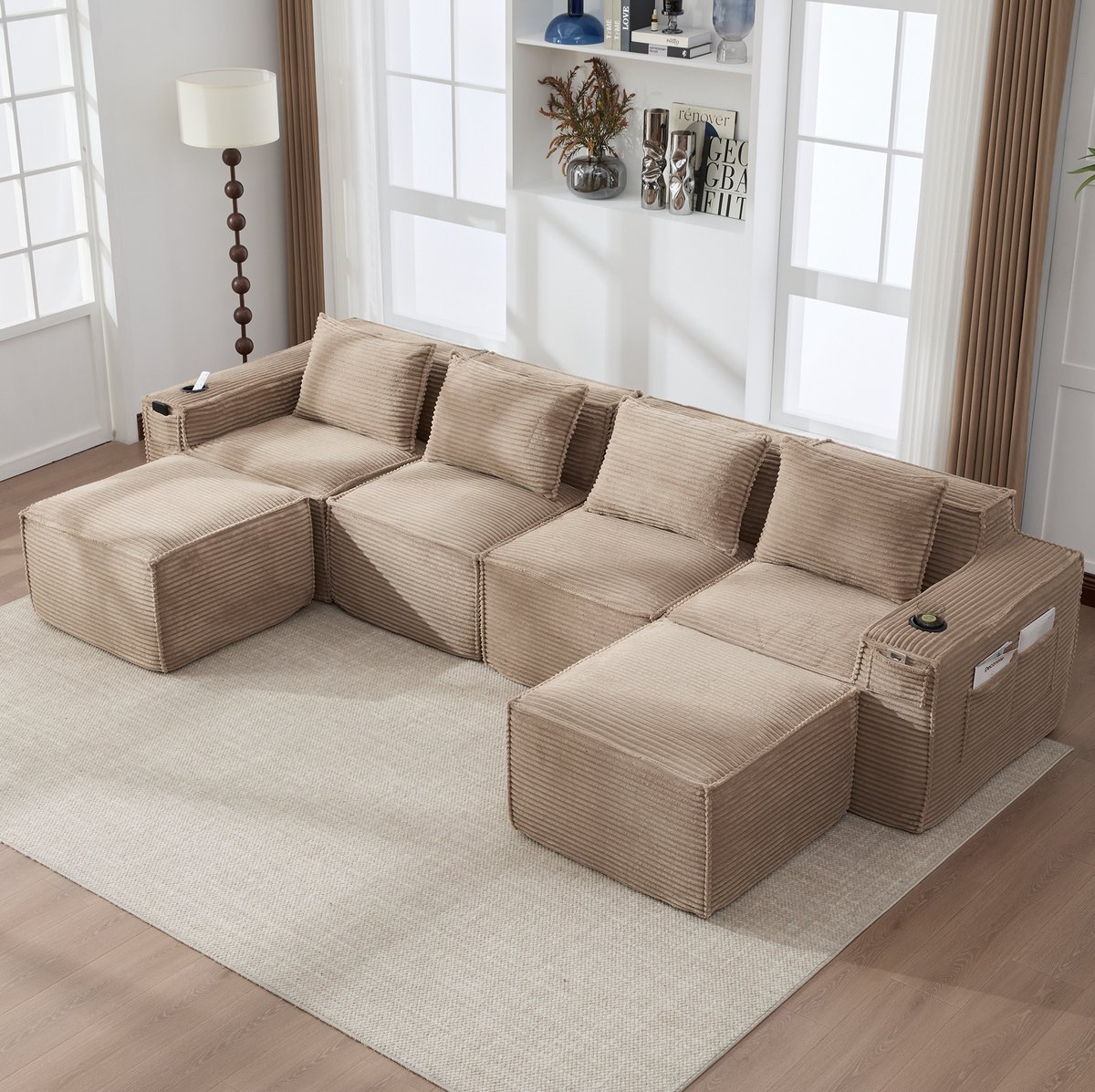 Modulaire Bank 4-Zits 330 x 162 x 75 cm - Met Bekerhouders En Zijvakken - Voor Woonkamer - Cordstof - Khaki
