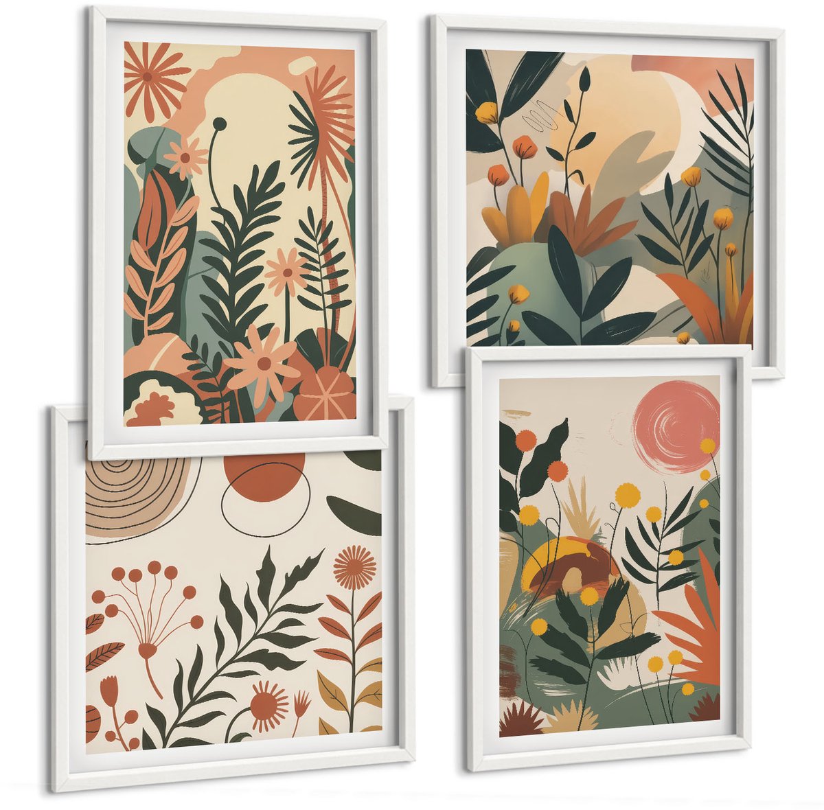 Tulup 4-Delige Schilderij Set - Vintage bloemenpatronen in pasteltinten - 40x40 en 40x60 - Muurdecoratie - Wanddecoratie - Slaapkamer