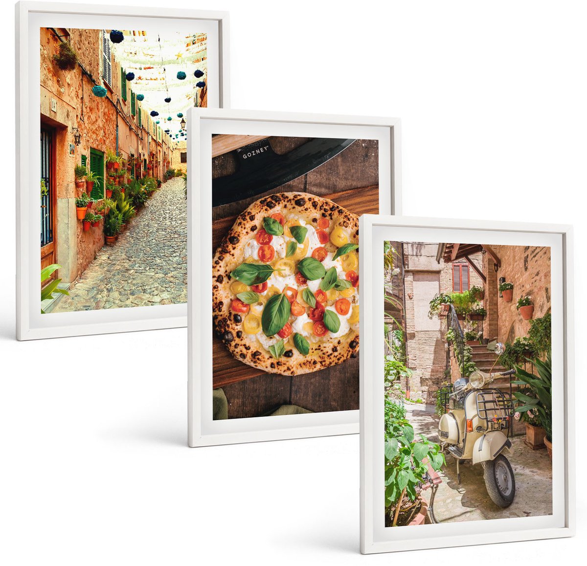 Tulup 3-Delige Schilderij Set - Sfeervolle straatjes met planten en Italiaanse pizza. - 40x60 - Schilderijen Set - Wanddecoratie - Woonkamer