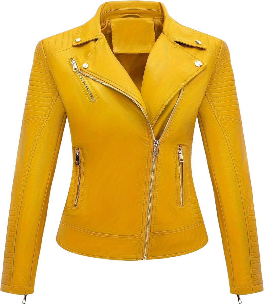 Currero Kunst Leren Jas Leather Jacket Lederen Jas Bomberjack Pilotenjack Blazer Biker Motorjas Motormuis Dames Geel