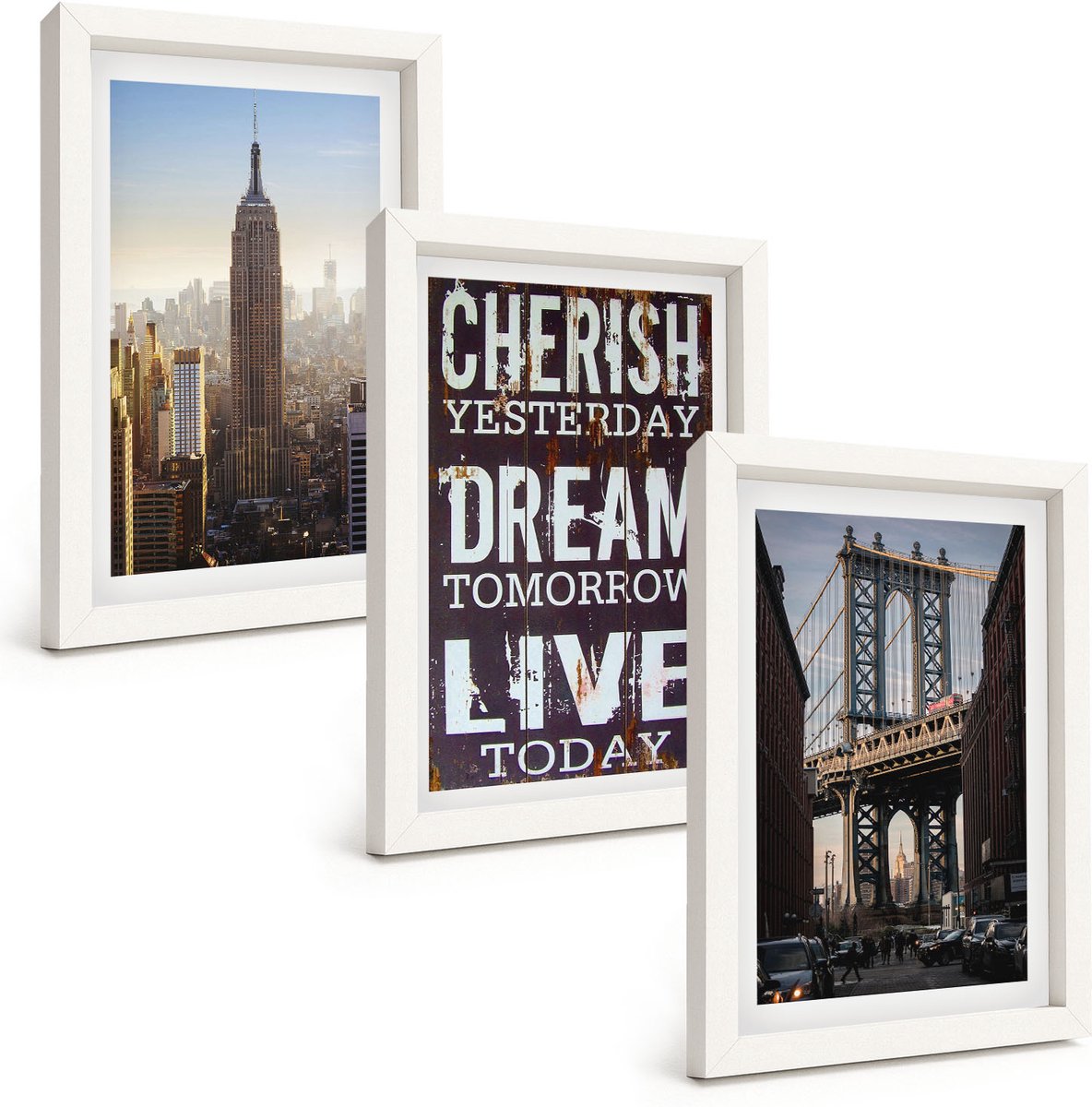 Tulup 3-Delige Schilderij Set - Landschappen van New York City met een inspirerend citaat - 20x30 - Muurdecoratie - Interieur Decoratie - Stijlvolle Muurdecoratie