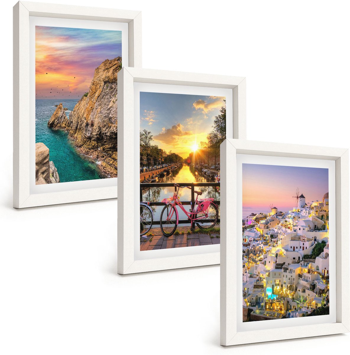 Tulup 3-Delige Schilderij Set - Uitzicht op zee met zonsondergang en de stad - 20x30 - Muurdecoratie - Decoratieve Schilderijen - Wohnzimmer - Woonkamer Decoratie