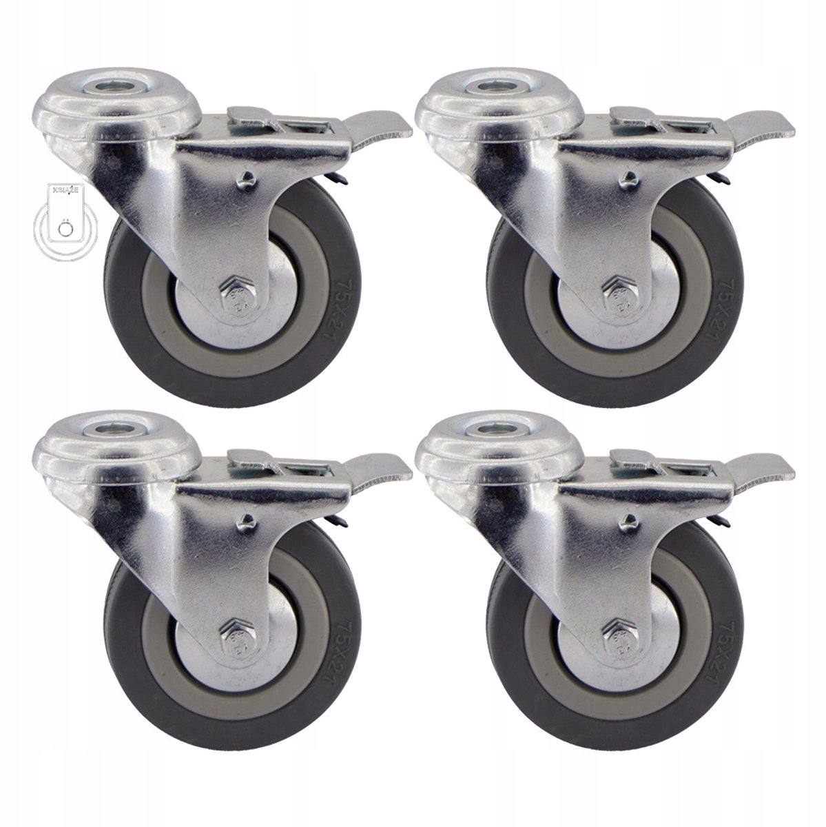 4x Zwenkwielen PP Gummi 75mm, 210kg, voor kasten en rekken