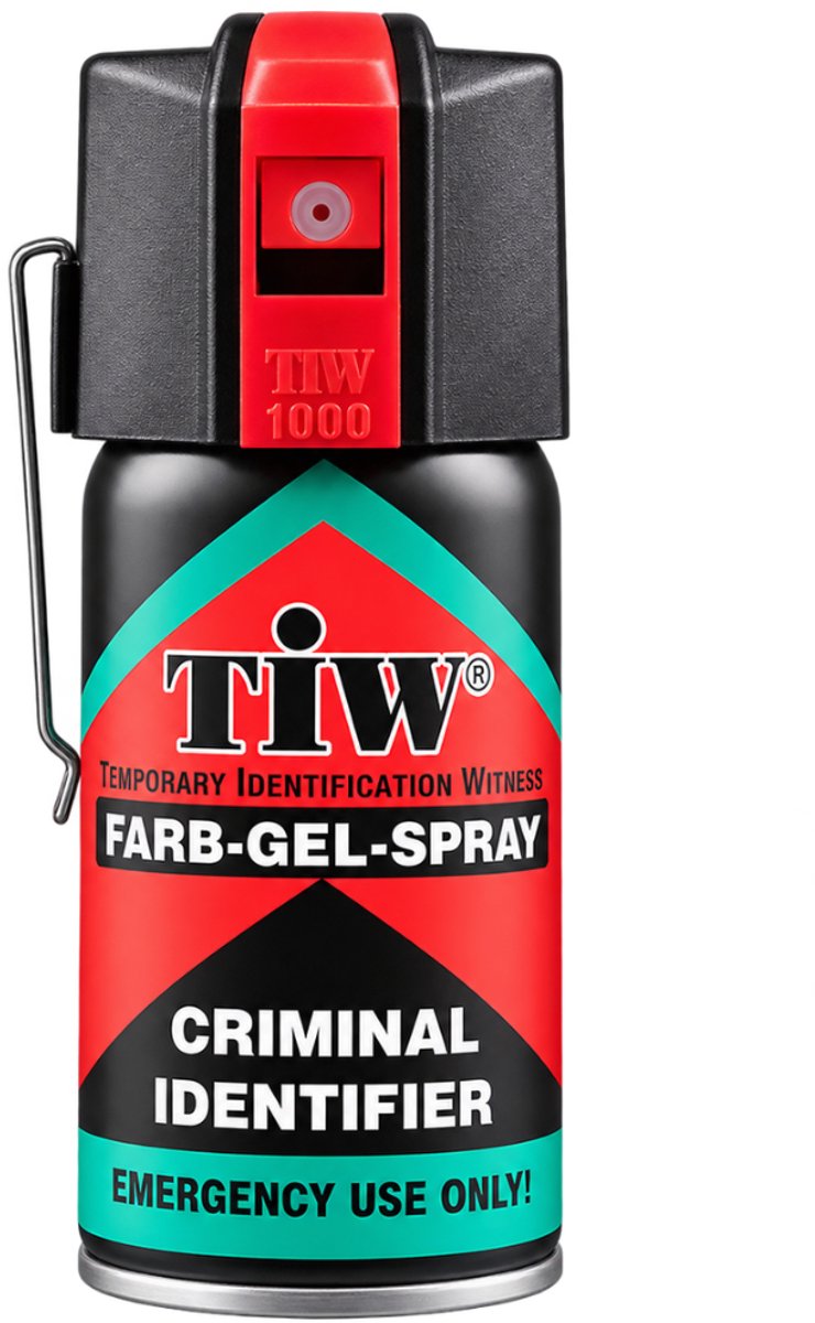 TIW Security Identificatie Spray 40ML - Met Clip - Criminal Identifier - Onderweg en voor Thuis - Markering op Dader - Zichtbaar tot 48 Uur - 4M Bereik- zelfverdedigingsspray