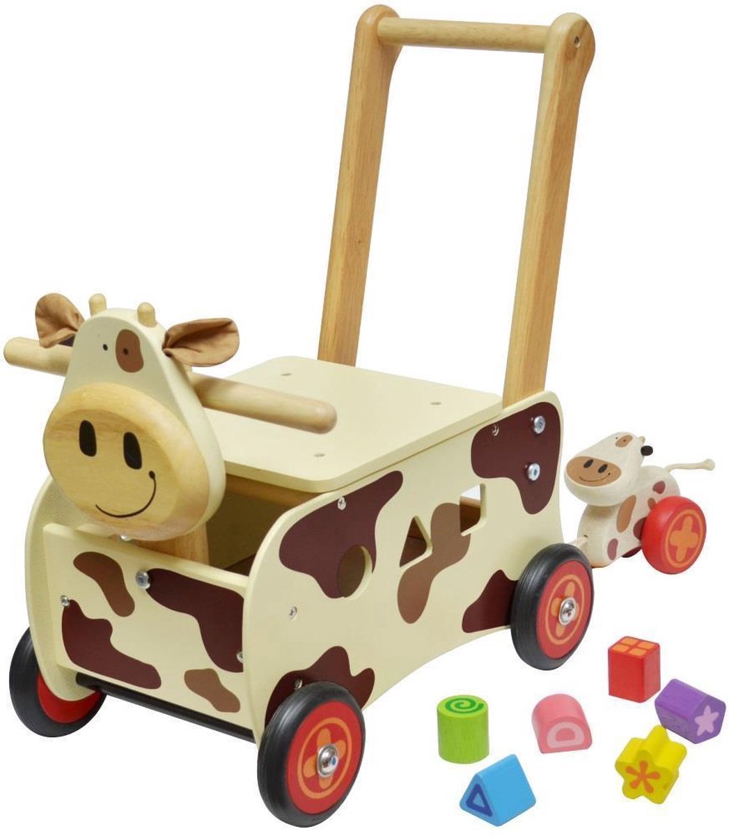 I’m Toy Loop- en Duwwagen Koe – Houten Loopwagen met Vormenstoof – 4-in-1 – Vanaf 19 Maanden