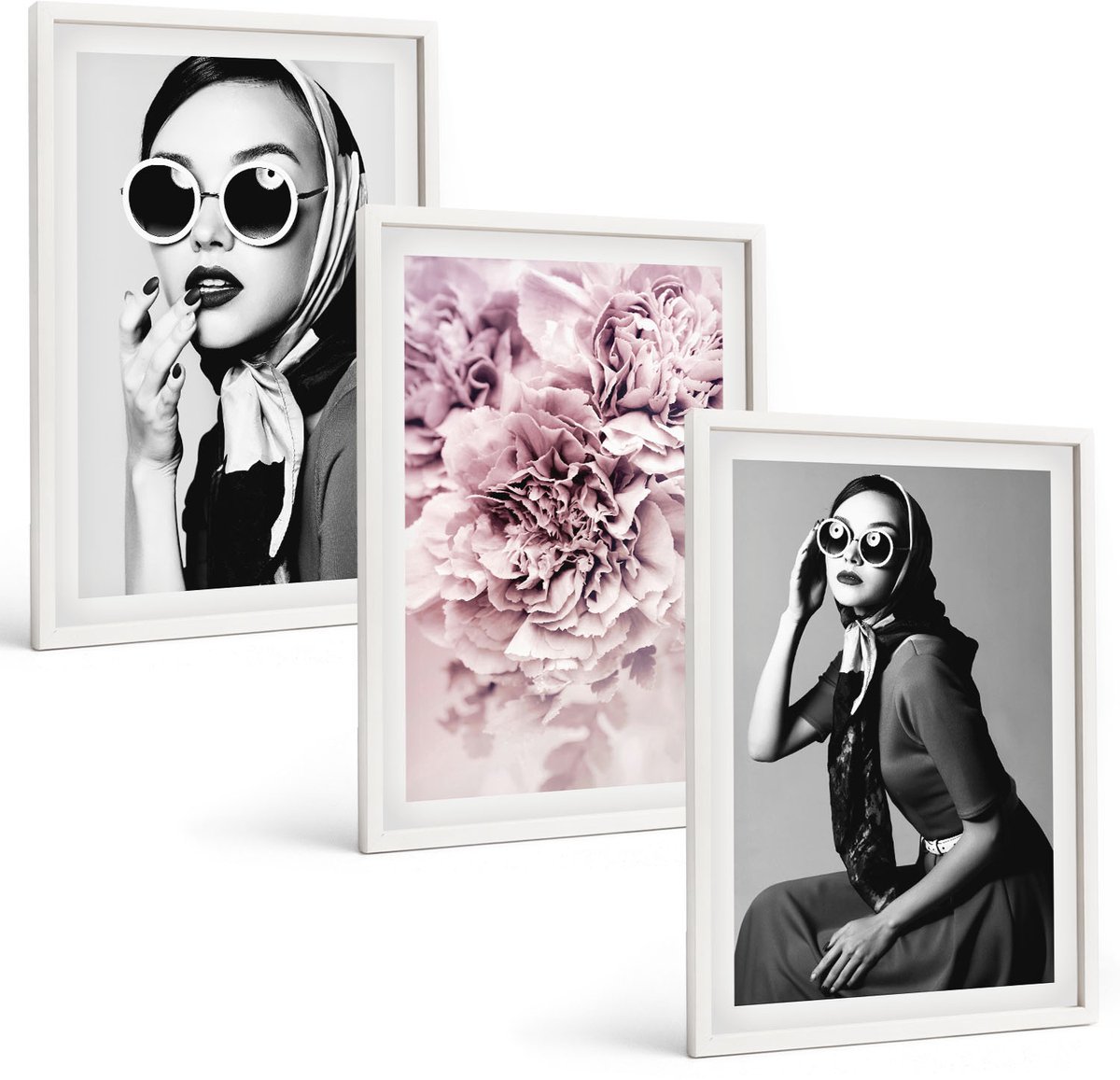 Tulup 3-Delige Schilderij Set - Stijlvolle portretten van vrouwen met roze bloemen - 40x60 - Stijlvolle Muurdecoratie - Slaapkamer - Interieur Decoratie