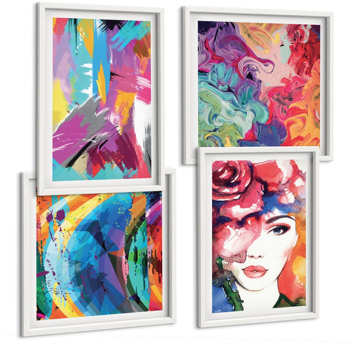 Tulup 4-Delige Schilderij Set - Kleurrijk abstract schilderijportret van een vrouw - 40x40 en 40x60 - Stijlvolle Muurdecoratie - Kantoor - Interieur Decoratie