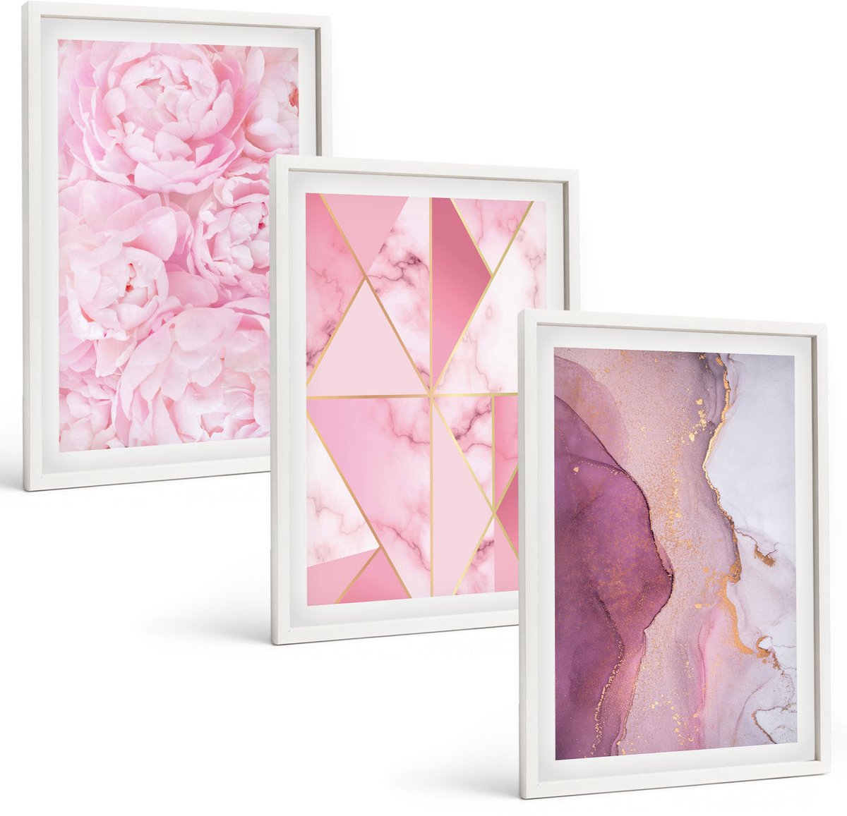 Tulup 3-Delige Schilderij Set - Roze pioenrozen met geometrische patronen - 40x60 - Decoratieve Schilderijen - Wanddecoratie - Hal