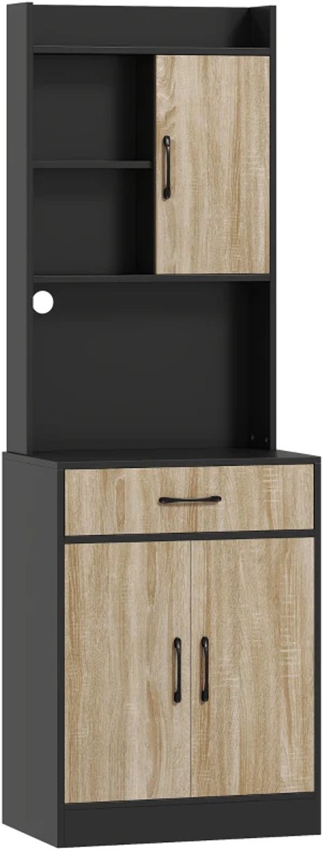 Kledingkast - Keukenkast met werkblad en kabelgat - Moderne keukenladekast met lade - 3 open planken - Natuurlijk hout - Zwart